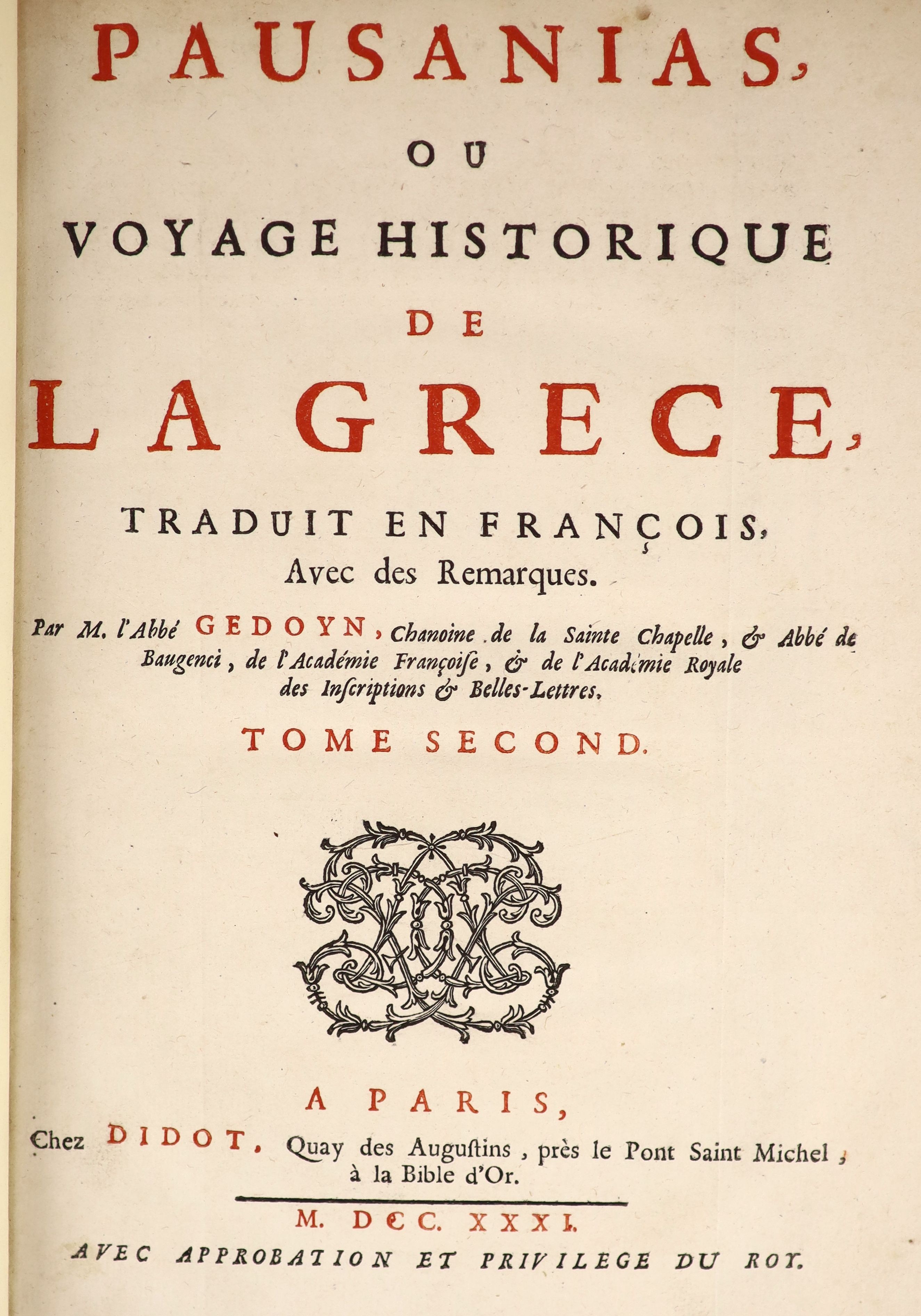 Gedoyn, M. Abbe - Pausanias, ou Voyage de La Grece, traduit en Francais ... 2 vols. 3 folded maps and 5 engraved plates (3 folded), text vignettes (etc.); newly rebound tan half